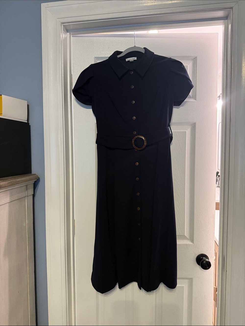 Calvin Klein Navy Blue Midi Shirt Dress with Ring Belt